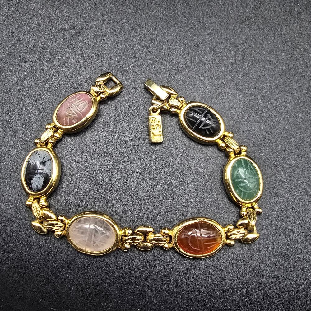 TS Gemstone Glass Scarab Bracelet Gold Tone Egyptian Revival Jewelry